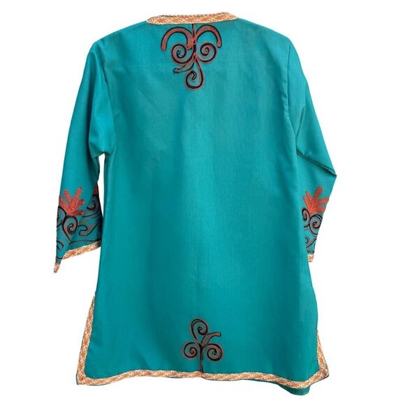 Handcrafted Vintage Womens Teal Embroidered 3/4 Sleeve Side Slit Full Button Top - Picture 7 of 12